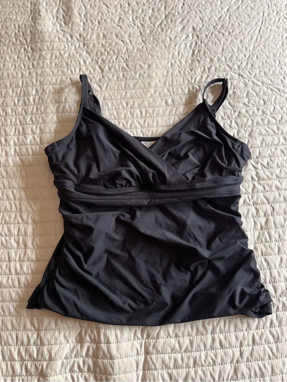 Anne Cole Black Tankini Swim Top Size XL V-Neck Ruched Built-In Bra